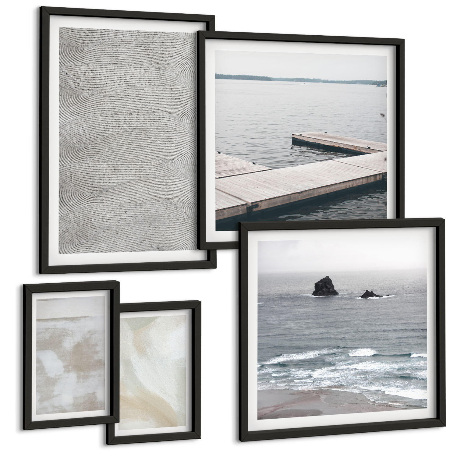 BILDER SET 5er Set - 50x50 cm & 20x30 cm & 40x60 cm Schwarzer Rahmen - Abstraktes Design, moderne Texturen - Schwarz, Kunststoff (40/60cm) - TULUP