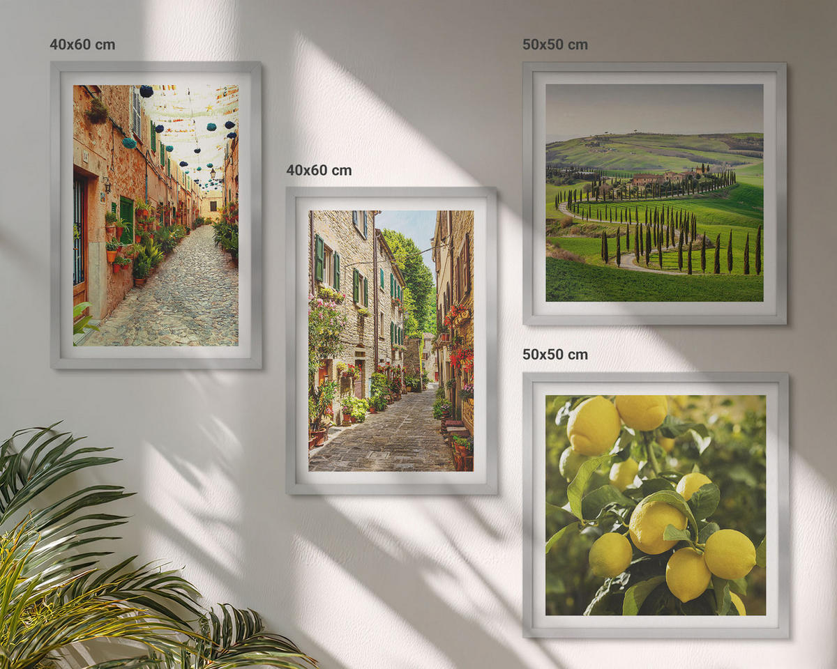 BILDER SET 4er Set - 50x50 cm & 40x60 cm Silberner Rahmen - Bezaubernde Straßen voller Zitronenblüten - Silberfarben, Kunststoff (50/50cm) - TULUP