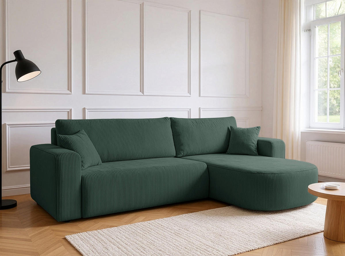ECKSOFA mit Schlaffunktion Teeo L-Form universal mit Bettkasten Dunkelgrün Cord - Dunkelgrün/Schwarz, Kunststoff/Textil (275/170cm) - Homebook