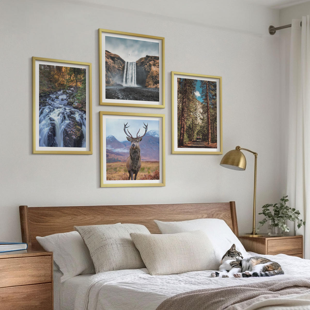 BILDER SET 4er Set - 50x50 cm & 40x60 cm Goldrahmen - Wasserfall Wald Berge Hirsch Natur - Goldfarben, Kunststoff (50/50cm) - TULUP