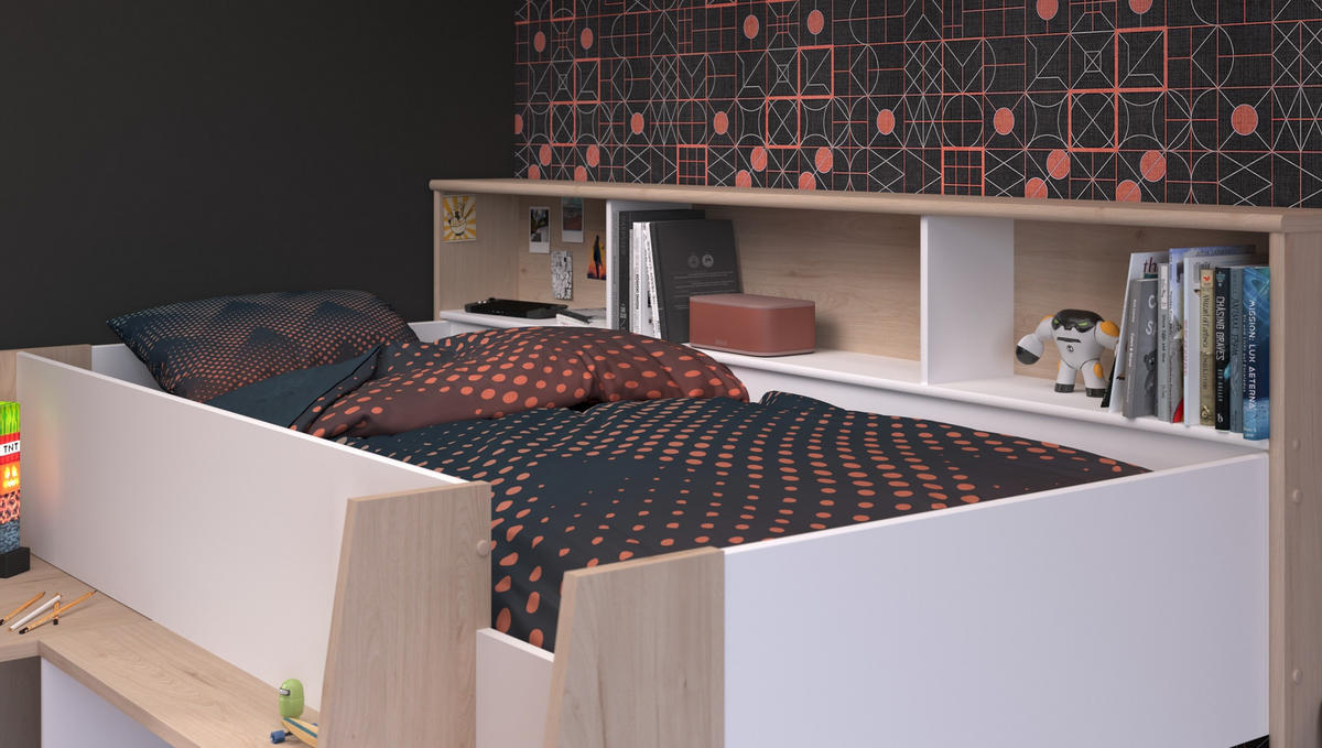 HOCHBETT Lucas 2 in Japanische Eiche - Weiß 90 x 200 cm - Eichefarben/Weiß, Holz (90/200cm) - Parisot Meuble