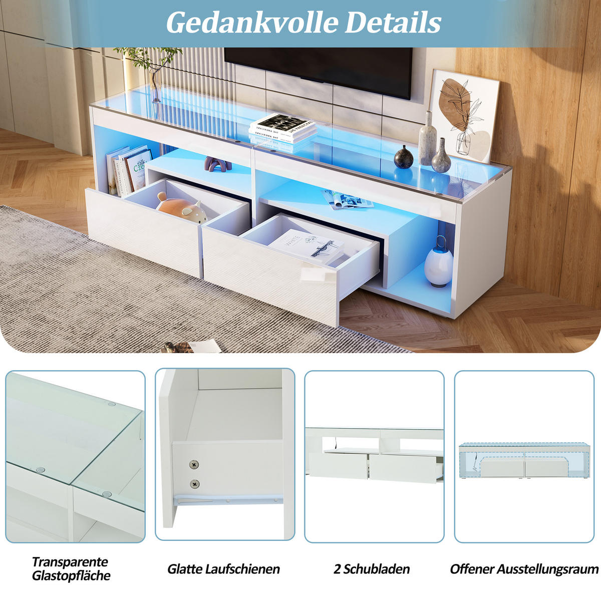 TV-SCHRANK LED Hochglanz 70 Zoll 2 Schubladen Weiß modern - Weiß, Holzwerkstoff (40/46/180cm) - FLIEKS