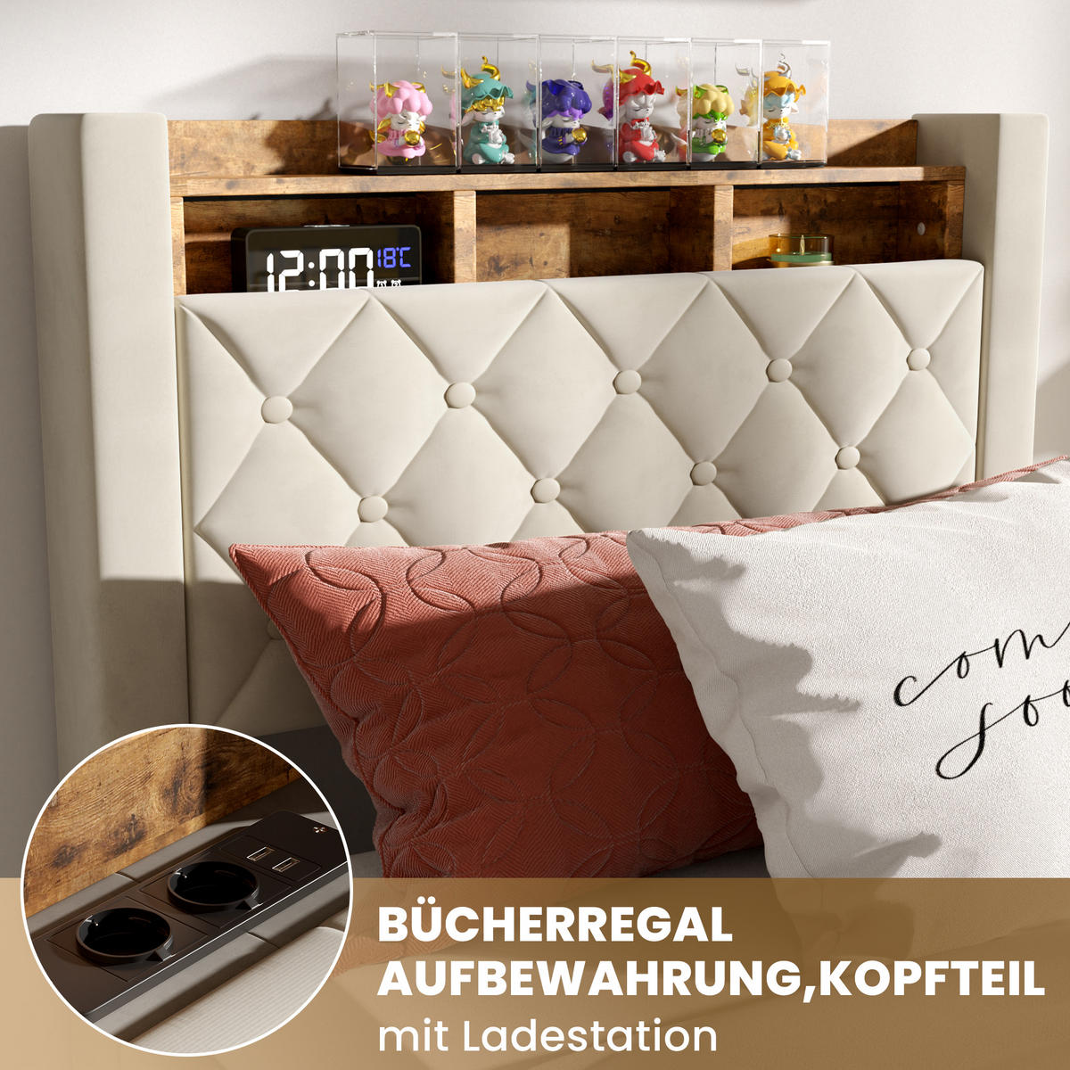 POLSTERBETT aus Samt 90x200 cm Beige mit Stauraum-Kopfteil und LED-Lichtleiste - Beige, Textil (90/200cm) - Modfu