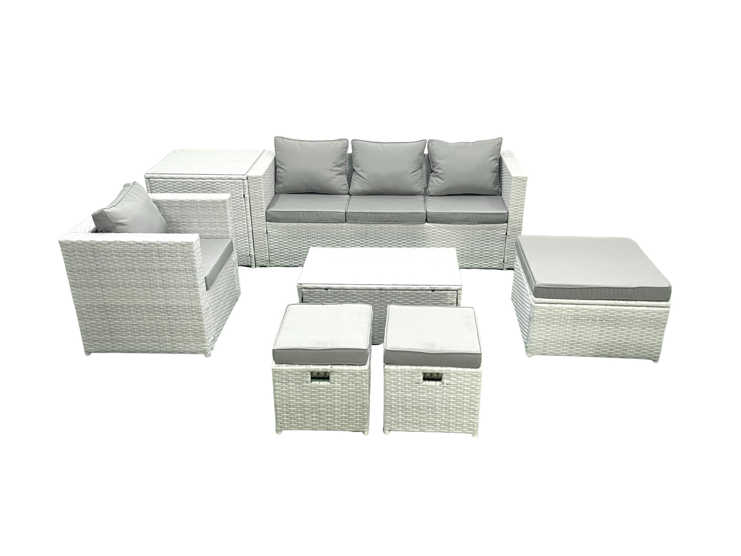 GARTENSET mit 3-SITZER SOFA,COUCHTISCH Polyrattan Hellgrau-Mix 7-Sitzer - Hellgrau/Grau, Glas/Kunststoff - Fimous