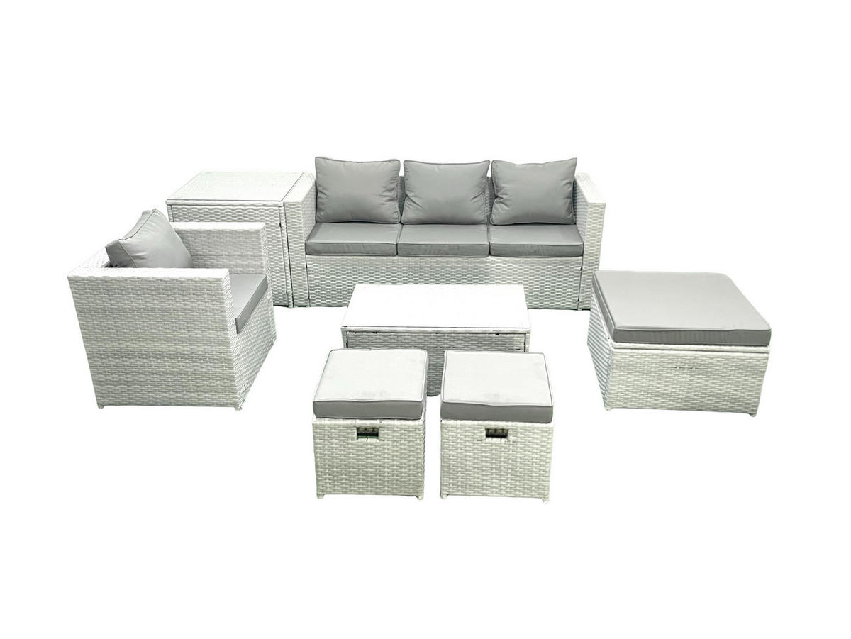 GARTENSET mit 3-SITZER SOFA,COUCHTISCH Polyrattan Hellgrau-Mix 7-Sitzer - Hellgrau/Grau, Glas/Kunststoff - Fimous