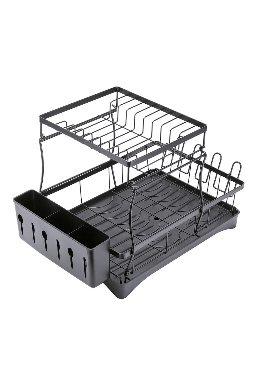 GESCHIRRABTROPFGESTELL 2-stufige aus Kohlenstoffstahl mit Besteckhalter aus PP und einem Becherhalter 49 x 30 x 34 cm - Schwarz, Metall (49/43/30cm) - Livingandhome