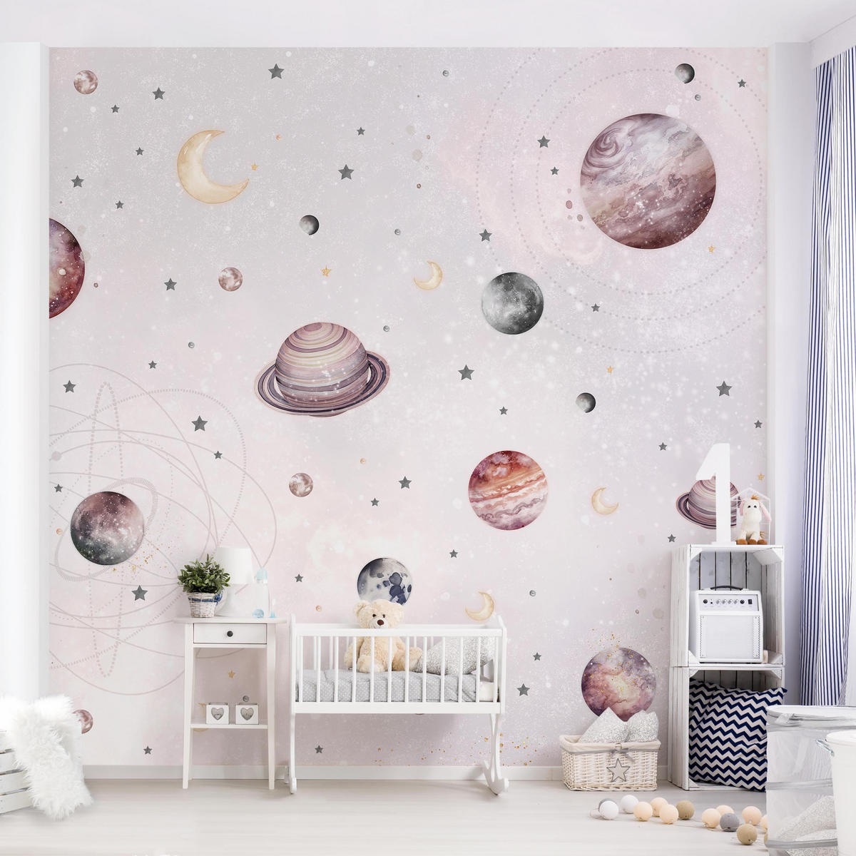 FOTOTAPETE Aquarell Planeten, Mond und Sterne 288/288 cm - Pastellblau, Papier (288/288cm) - Bilderwelten