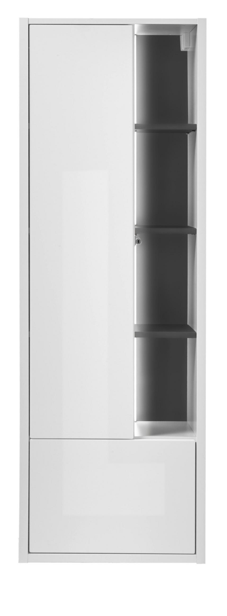 BADSCHRANK weiß Hochglanz, grau, Badezimmer Hochschrank inklusive Beleuchtung - Weiß Hochglanz/Grau, Holzwerkstoff (45/150/30cm) - Furn.Design