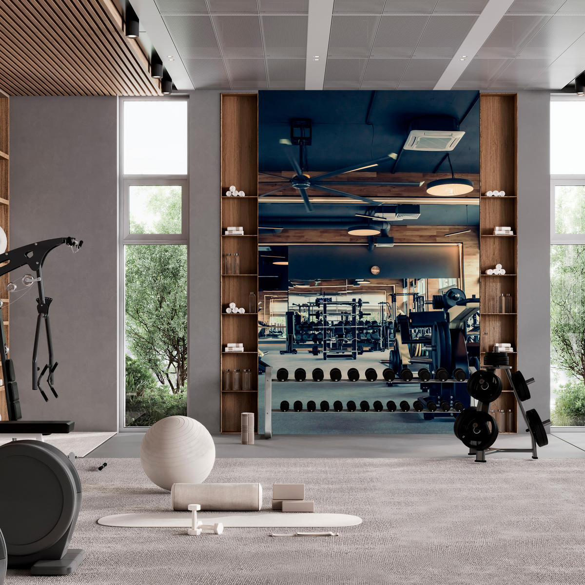 FOTOTAPETE Modernes Fitnessstudio Trainingsgeräte Sport 300x210 - Schwarz/Braun, Papier (300/210cm) - Muralo