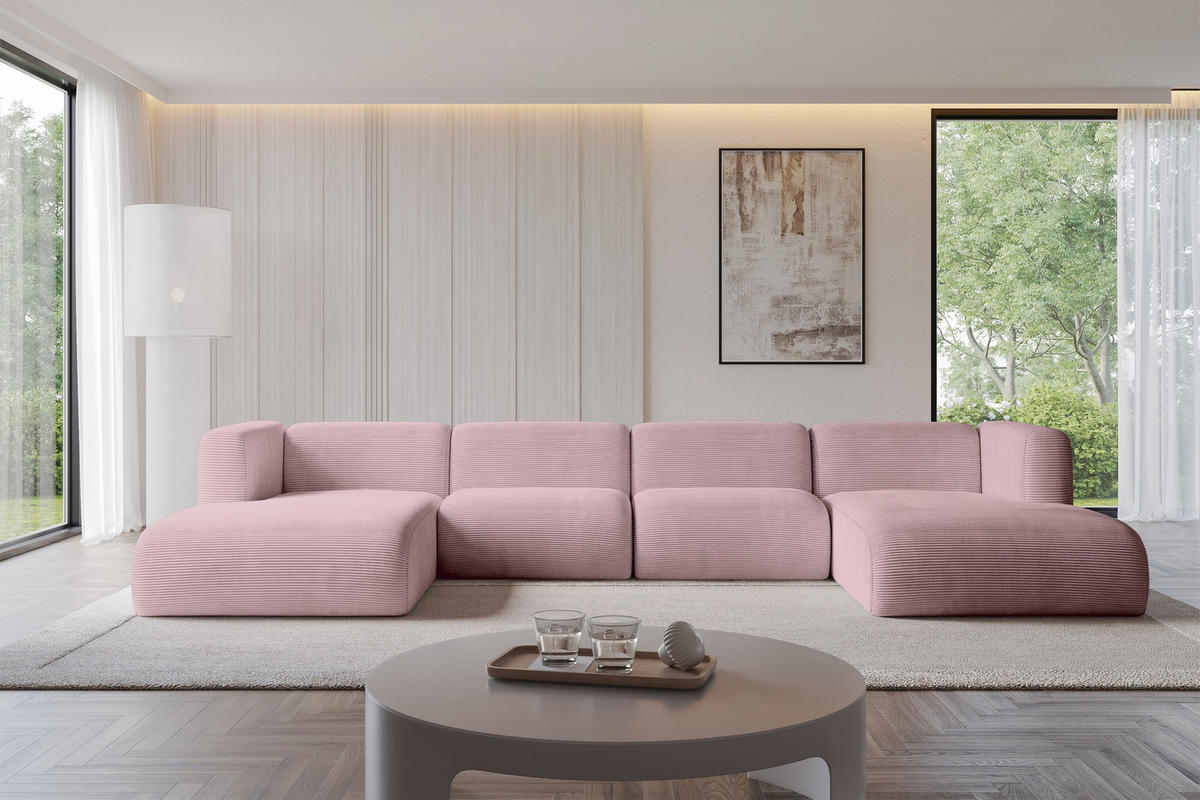 WOHNLANDSCHAFT MIRA-U2 408x179x70 Rosa Cord - Schwarz/Rosa, Holzwerkstoff/Kunststoff (408/70/179cm) - ALTDECOR