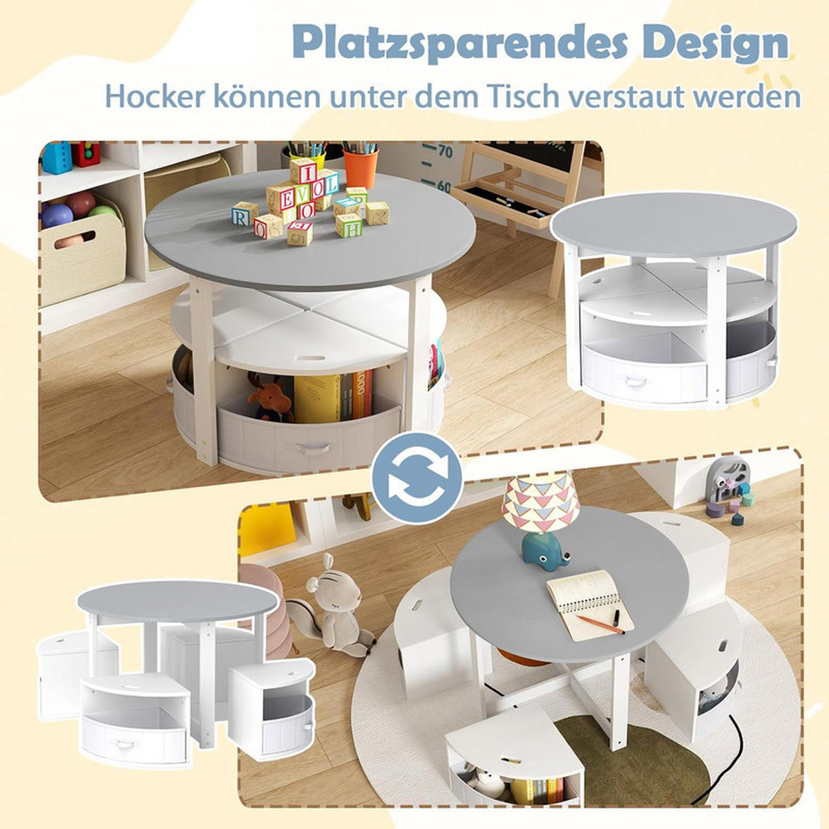 KINDERTISCHE mit Stühlen grau(5-tlg) - Grau, Holzwerkstoff (79/51/79cm) - COSTWAY