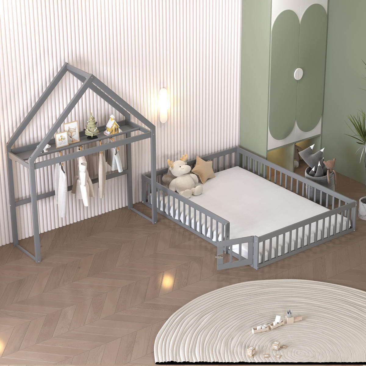 HAUSBETT 140/200 cm grau mit Stauraum und Vollschutzgitter - Grau, Holz (140/200cm) - OKWISH