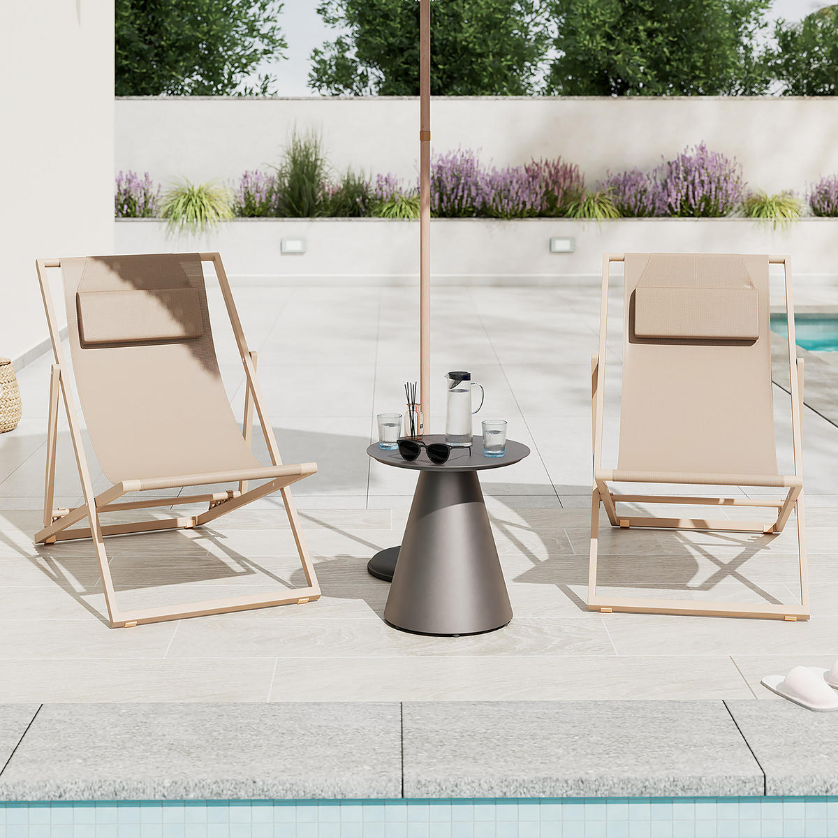 LIEGESTUHL - Stahl / Polyrattan - 2er-Set - Beige, Textil/Metall (63/93/104cm) - home24