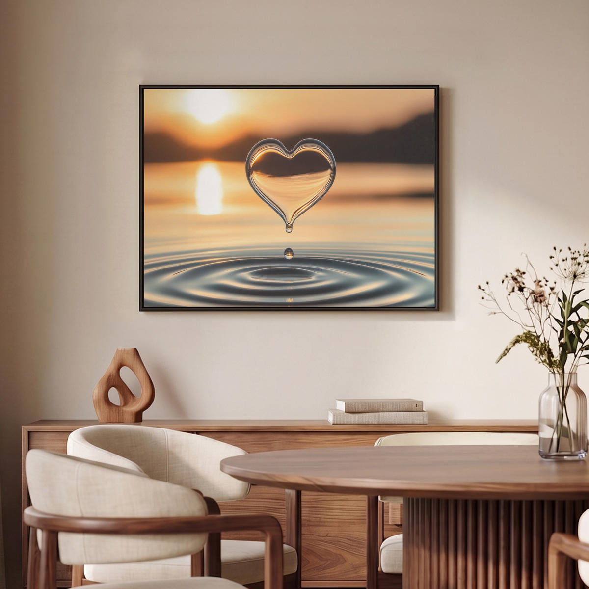 LEINWAND Bilder mit Rahmen - Herz - Wasser - Sonnenuntergang - Natur - Zen - 70x50 - Bernsteinfarben, Textil (70/50cm) - MuchoWow