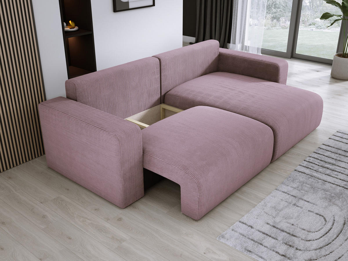 ECKSOFA Carl L-förmig Schlaffunktion und Bettkasten weicher Cordstoff flexibel stellbar lose Rückenkissen freistehend RECHTS 247x143x83cm Light rose - Hellrosa, Holz/Textil (247/143cm) - DomoHome