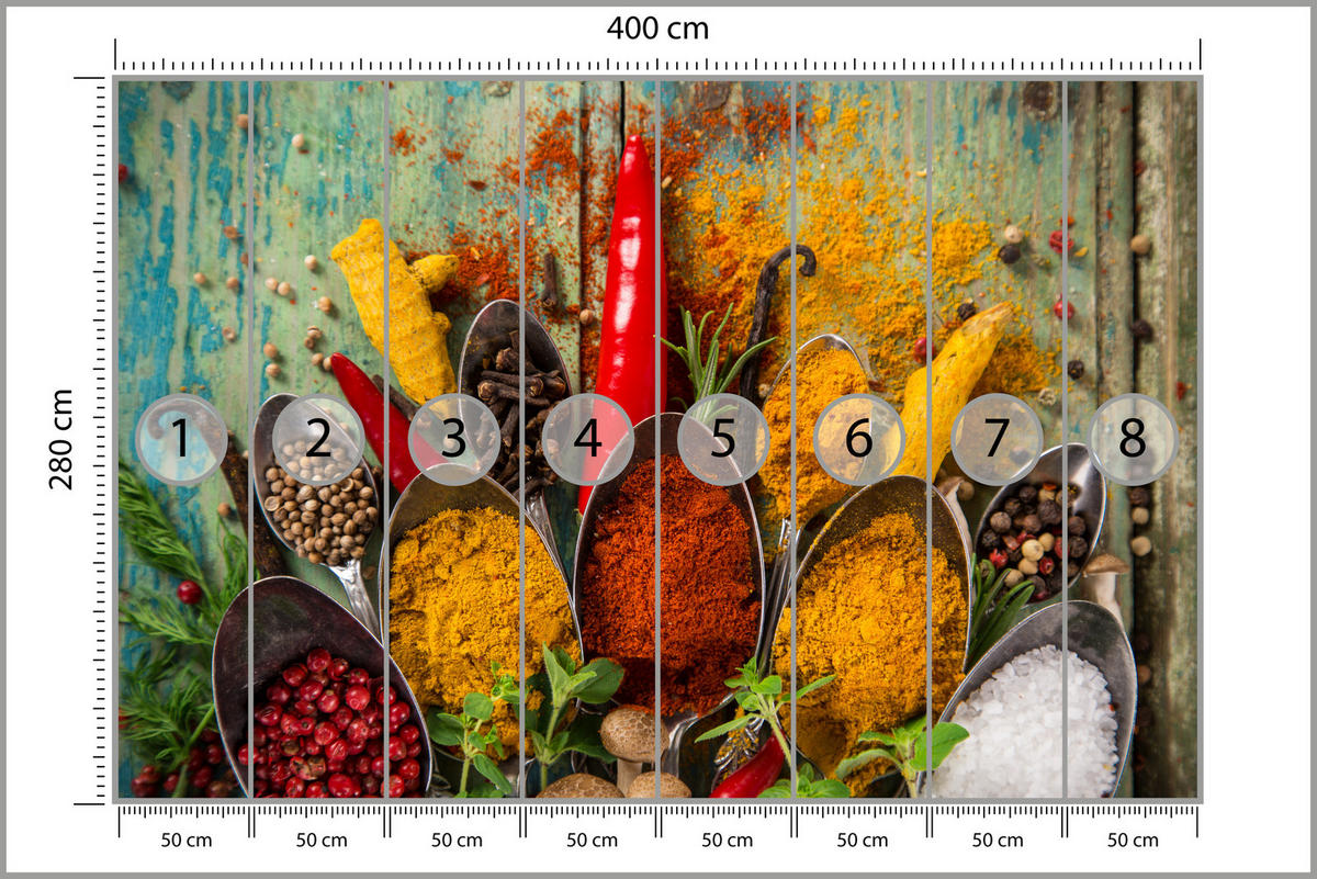FOTOTAPETE für Küche Gewürze Holz Rustikal Paprika Ingwer 400x280 - Türkis/Blau, Papier (400/280cm) - Muralo