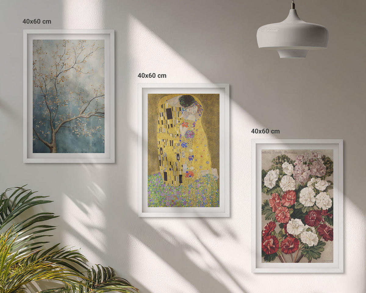 WANDBILDER 3er-Set - 40x60 cm Weißer Rahmen - Blumen des Baumes (Gemälde von Klimt) - Weiß, Kunststoff (40/60cm) - ArtPrintCave