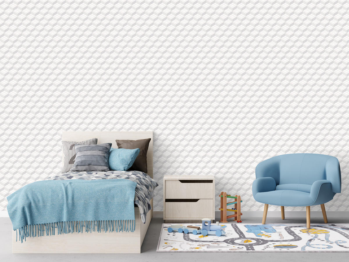 VLIESTAPETE Bausteine in 3D-Optik – Weiß, Grau – 50x1000 cm - Weiß/Grau, Papier (50/1000cm) - Muralo