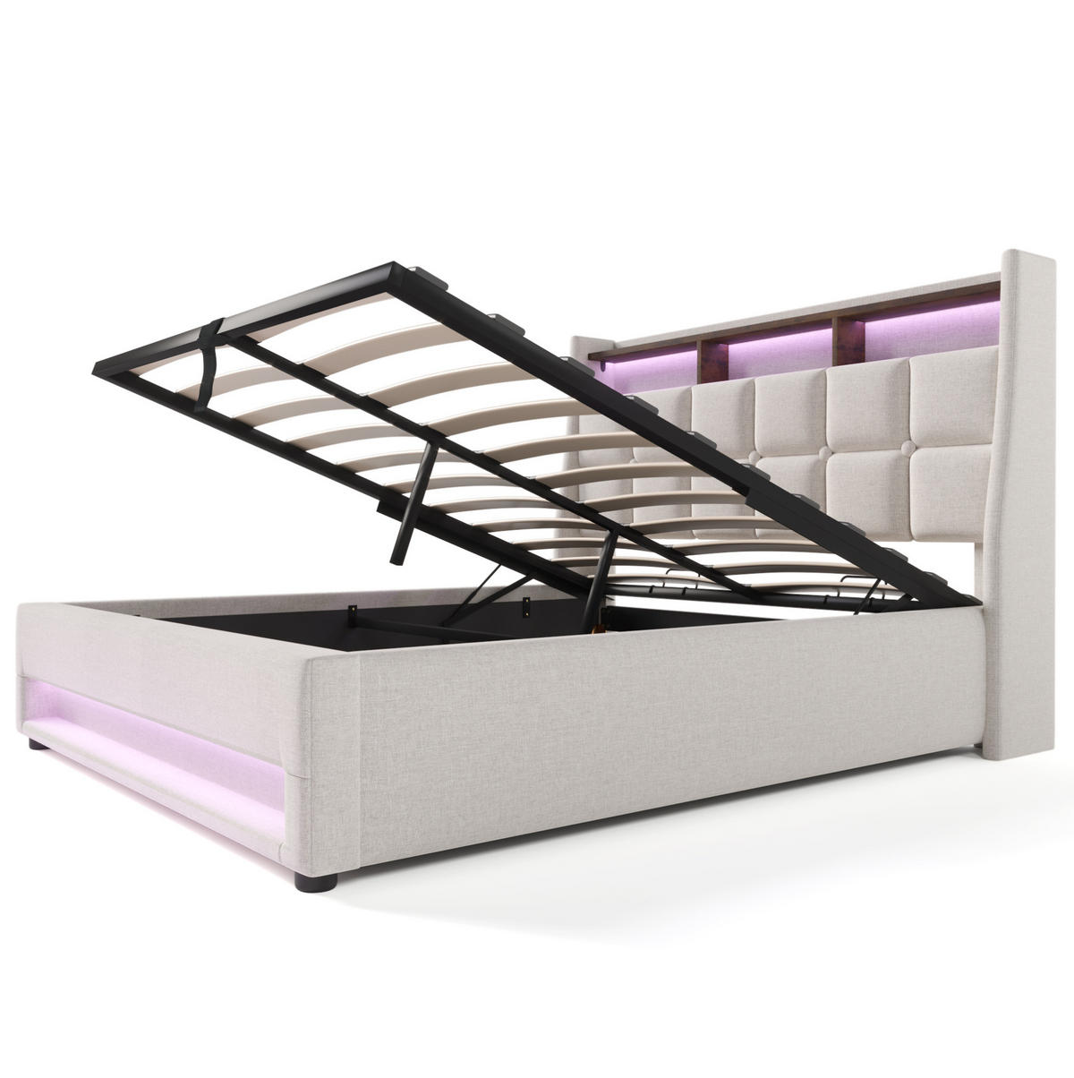 POLSTERBETT 160/200 cm Beige aus Leinen mit LED, USB und Bettkasten - Beige, Textil (160/200cm) - OKMYHOME