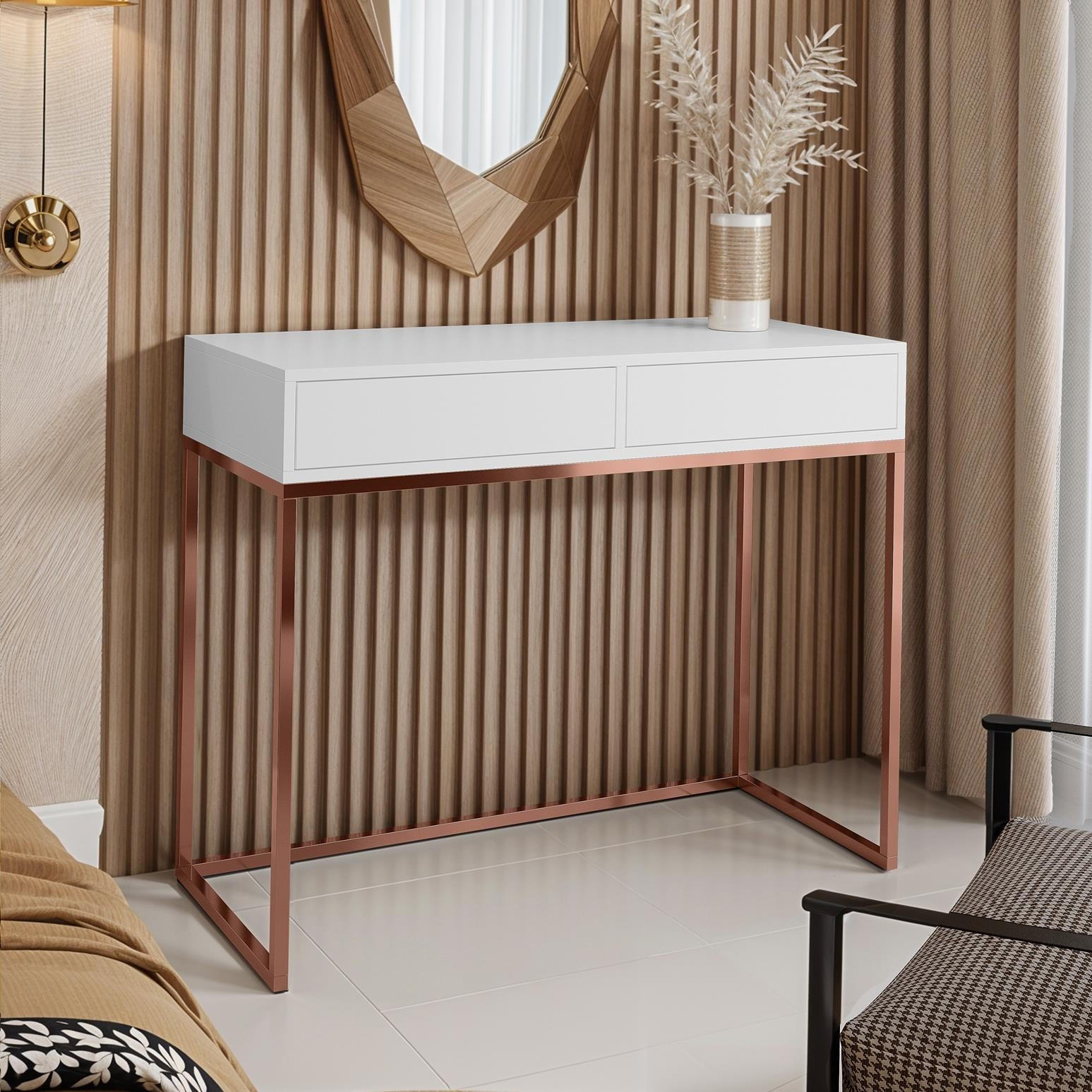 SCHMINKTISCH Cubic 100 Weiß, mit Kupfergestell - Weiß/Kupferfarben, Holzwerkstoff/Metall (35/100/80cm) - Bettso