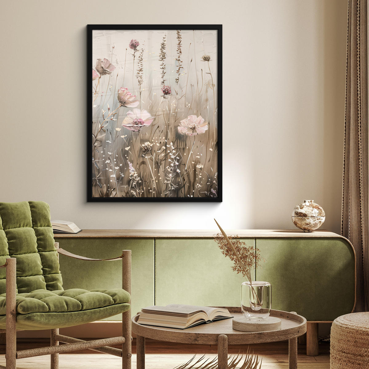 GERAHMTES BILD Blumen - Rosa - Modern - Beige 60x80 cm - Beige, Papier (60/80cm) - MuchoWow