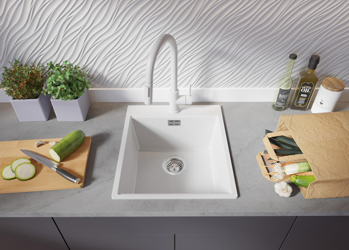 GRANITSPÜLE Oslo, 2-er set Weiß 43/50 cm 1 Becken + Küchenarmatur 32/20 cm + Ablauf-Set + Schneidebrett ab 45er Unterschrank - Chromfarben/Beige, Kunststoff (43/20/50cm) - Primagran