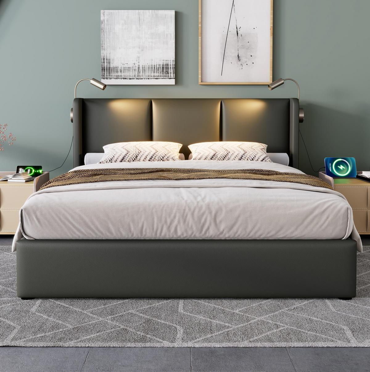 POLSTERBETT aus Kunstleder 160x200 cm in Grau mit LED-Leselicht & USB - Grau, Leder (160/200cm) - Modfu