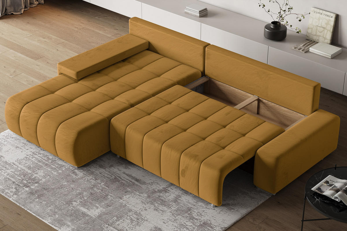 ECKSOFA ALESE L-S Gelb Velours-Stoff mit Schlaffunktion - Gelb, Holz (265/185cm) - MASSENO