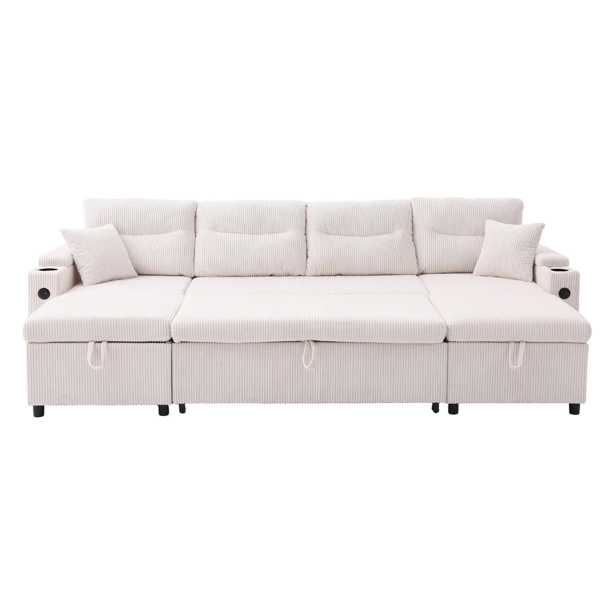 4-SITZER SOFA Cord Beige mit Stauraum, USB-Type-C und Getränkehaltern - Beige, Holzwerkstoff/Textil (272/86/136cm) - WISHDOR