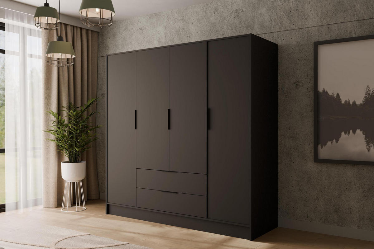 KLEIDERSCHRANK mit Flügeltüren KOLIN 200x200cm Schwarz - Schwarz, Holzwerkstoff (200/200/51cm) - ALTDECOR
