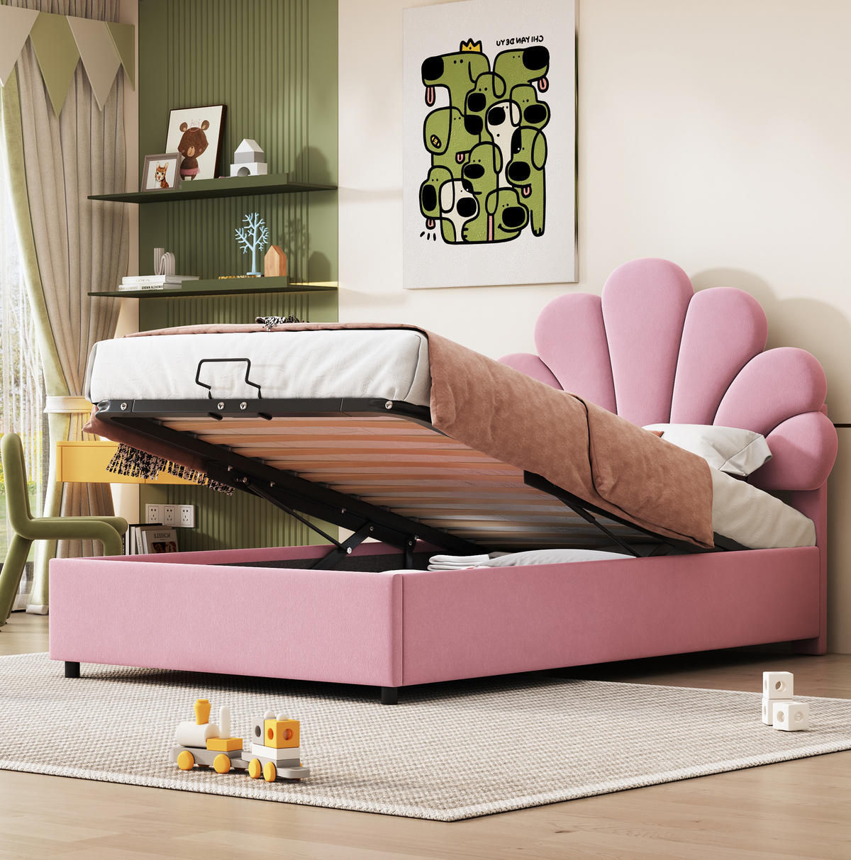 POLSTERBETT 90/200 cm Rosa mit geblümtem Kopfteil und hydraulischem Stauraum aus Samt - Rosa, Textil (90/200cm) - OKWISH