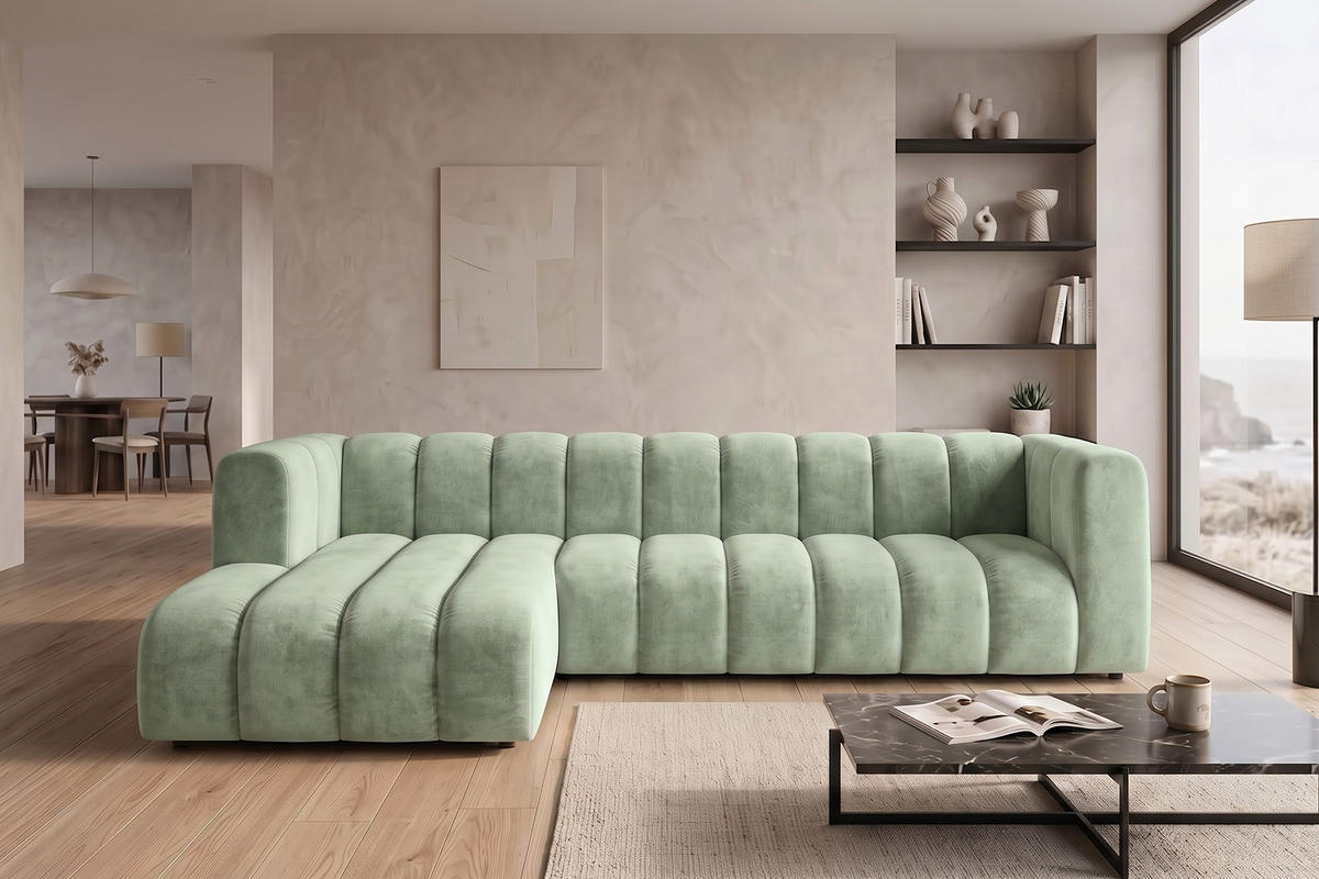 ECKSOFA Modulares In L-Form, Velvet-Stoff Riviera, Mintz, Links, GRAND 318 cm - Mintgrün, Holz (318/179cm) - Kaiser Möbel