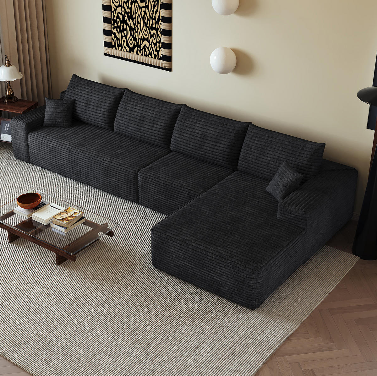 ECKSOFA 340/175/83 cm in Schwarz aus Cordstoff mit tiefer Sitzfläche - Schwarz, Textil (175/340cm) - Flora Grace