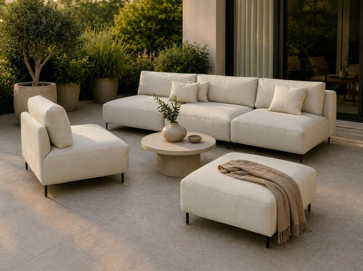 GARTEN Lounge Set SUN – Outdoor Möbel Set mit Sofa, Sessel und Hocker, UV-beständig und wasserabweisend - Creme, Textil - A&J MöbelLand