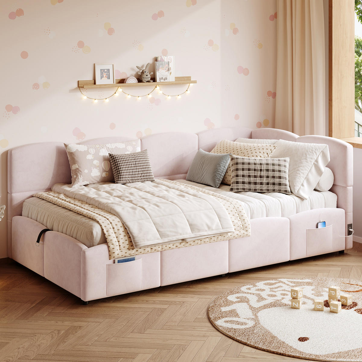 POLSTERBETT 90/200 cm aus Samt mit hydraulischem Stauraum und USB-Anschlüssen Rosa - Rosa, Textil (90/200cm) - Modenvie