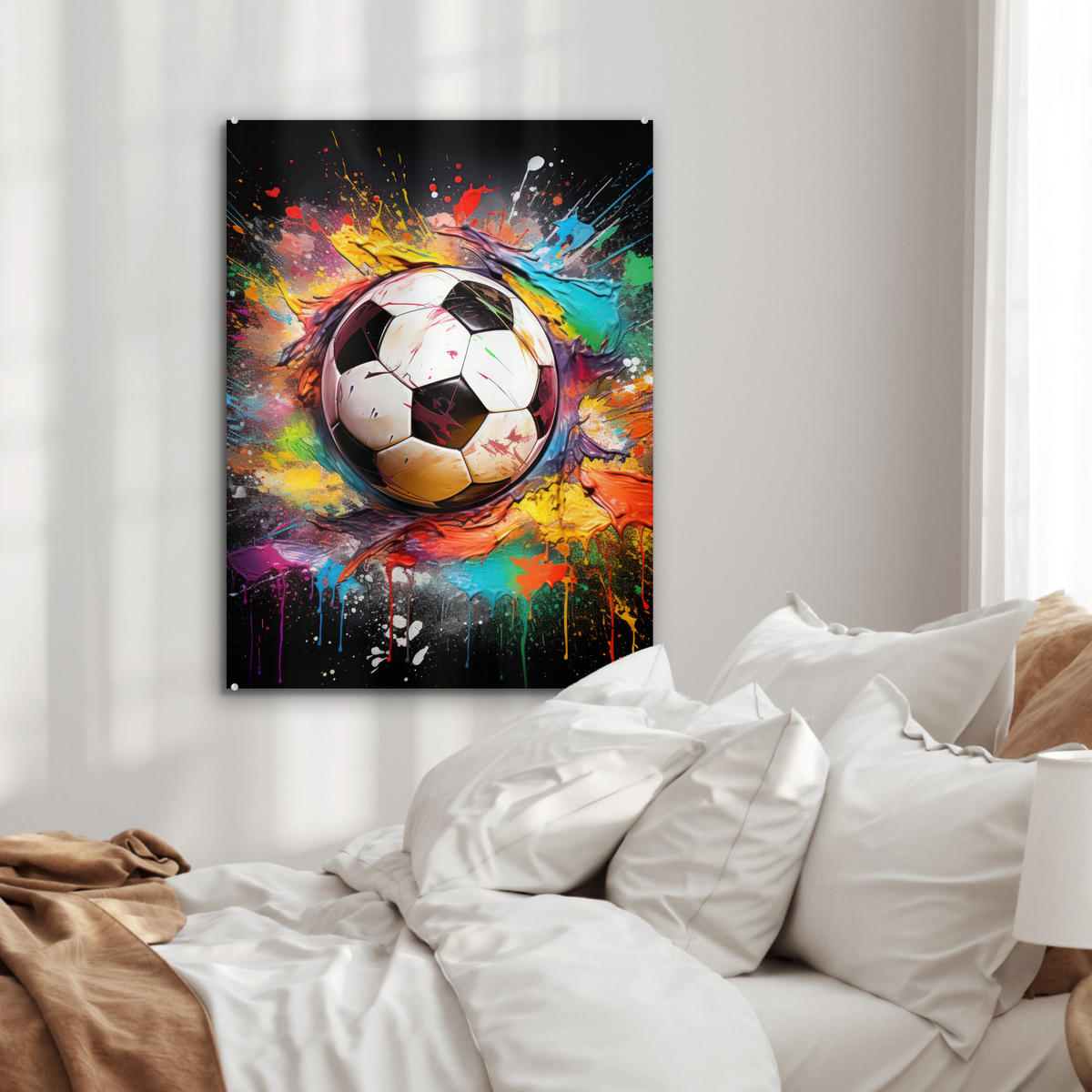 ACRYLGLASBILD Fußball - Farbe - Farben - Schwarz - Weiß 60x80 cm - Weiß, Glas (60/80cm) - MuchoWow