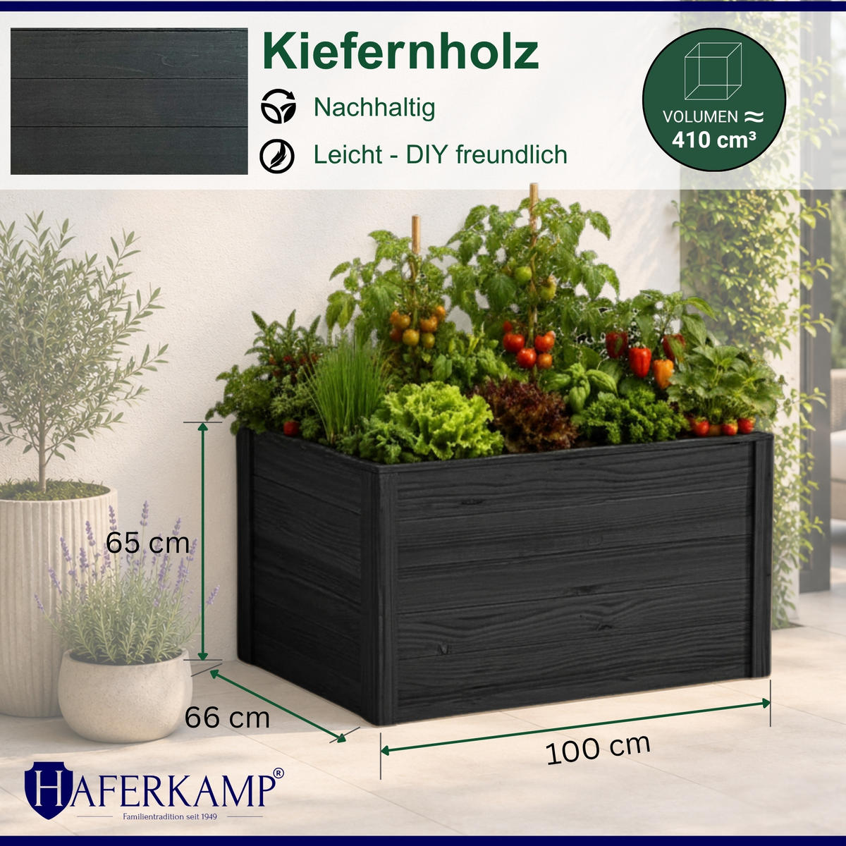 HOCHBEET HARZ aus Holz mit Schutzfolie 65x100x66 cm Außenbereich Anthrazit Holz - Anthrazit, Holz (100/65/66cm)