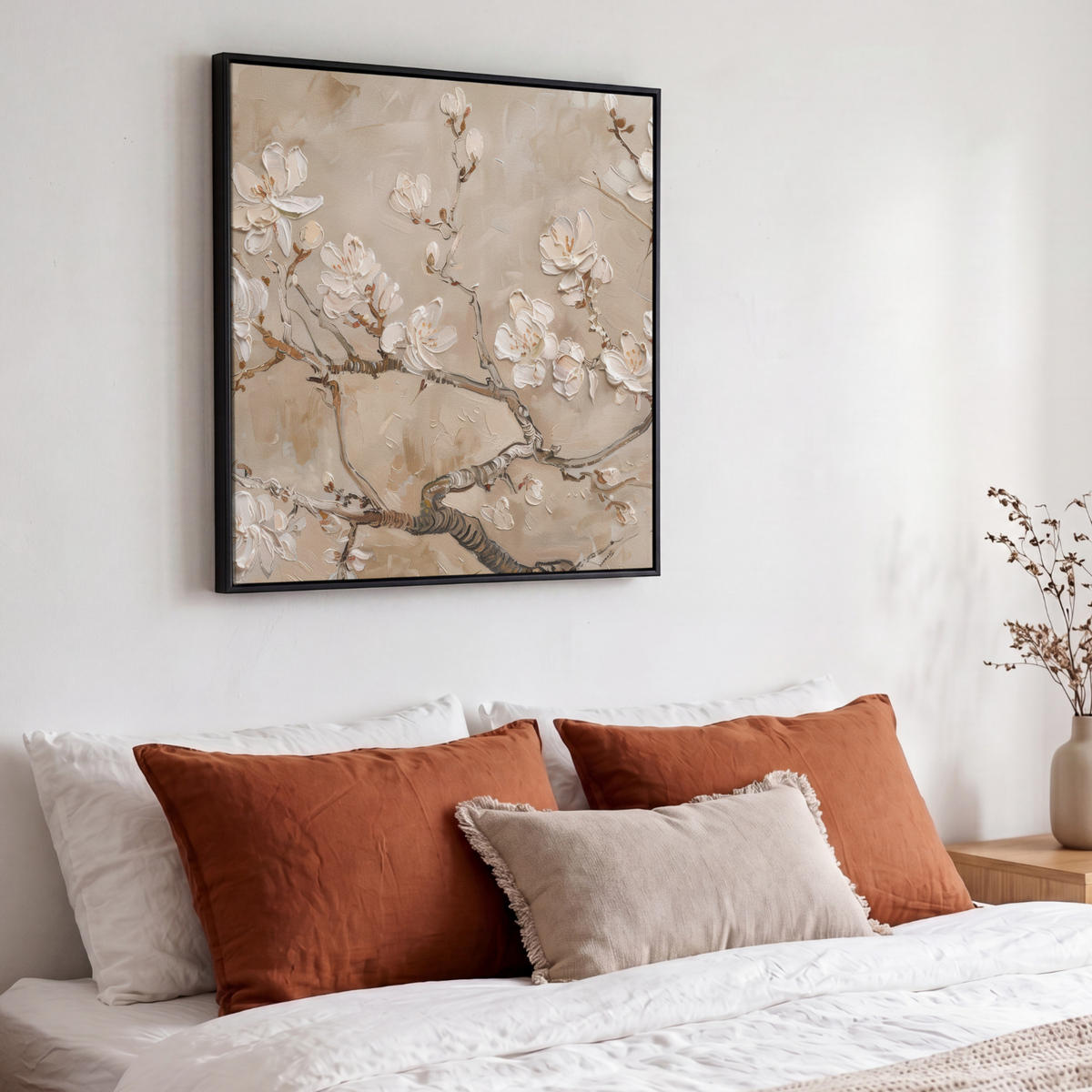LEINWAND Bilder mit Rahmen - Blumen - Modern - Beige - Weiß - Blüte - 50x50 - Beige, Textil (50/50cm) - MuchoWow