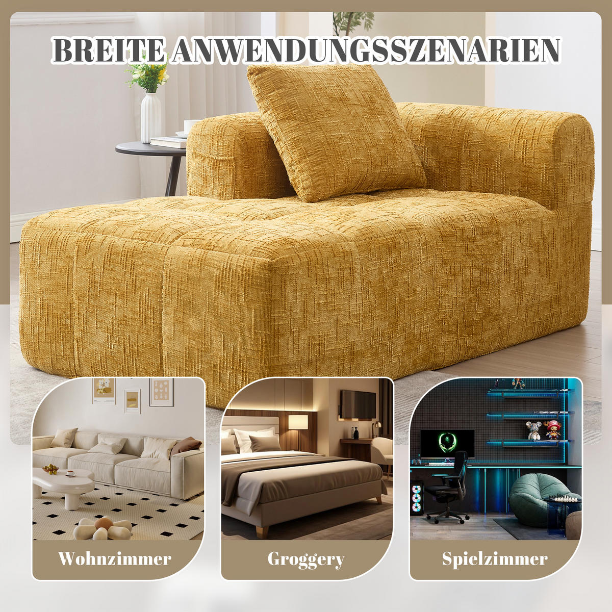 CHAISELONGUE Sofa Chenille mit Seitentaschen und Kissen 158/90/60 cm Gelb - Gelb, Textil (60/158/90cm) - Redom