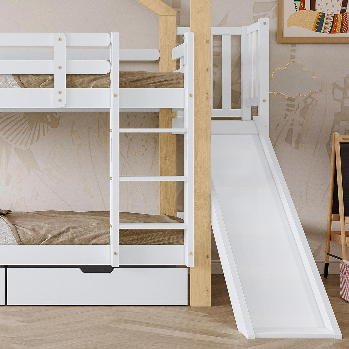 HAUSBETT Massivholz 90/200 cm Weiß, Natur - Ahornfarben/Weiß, Holz/Holzwerkstoff - Raumix