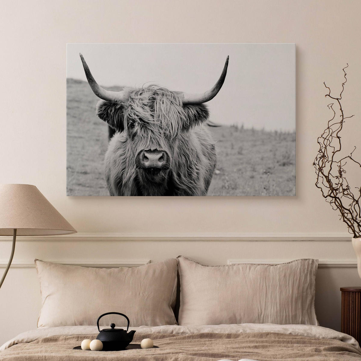 LEINWANDBILD Für Schlafzimmer Schottische Kuh Tier Natur 3D 70/50 cm - Schwarz/Weiß, Textil (70/50cm) - Muralo