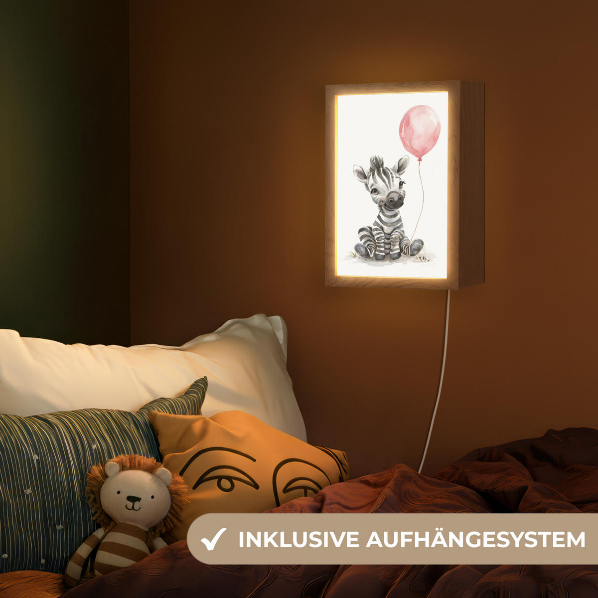 NACHTTISCHLAMPE Zebra - Baby - Tiere - Rosa Luftballon 20x30 cm - Weiß, Holzwerkstoff (8/20/30cm)