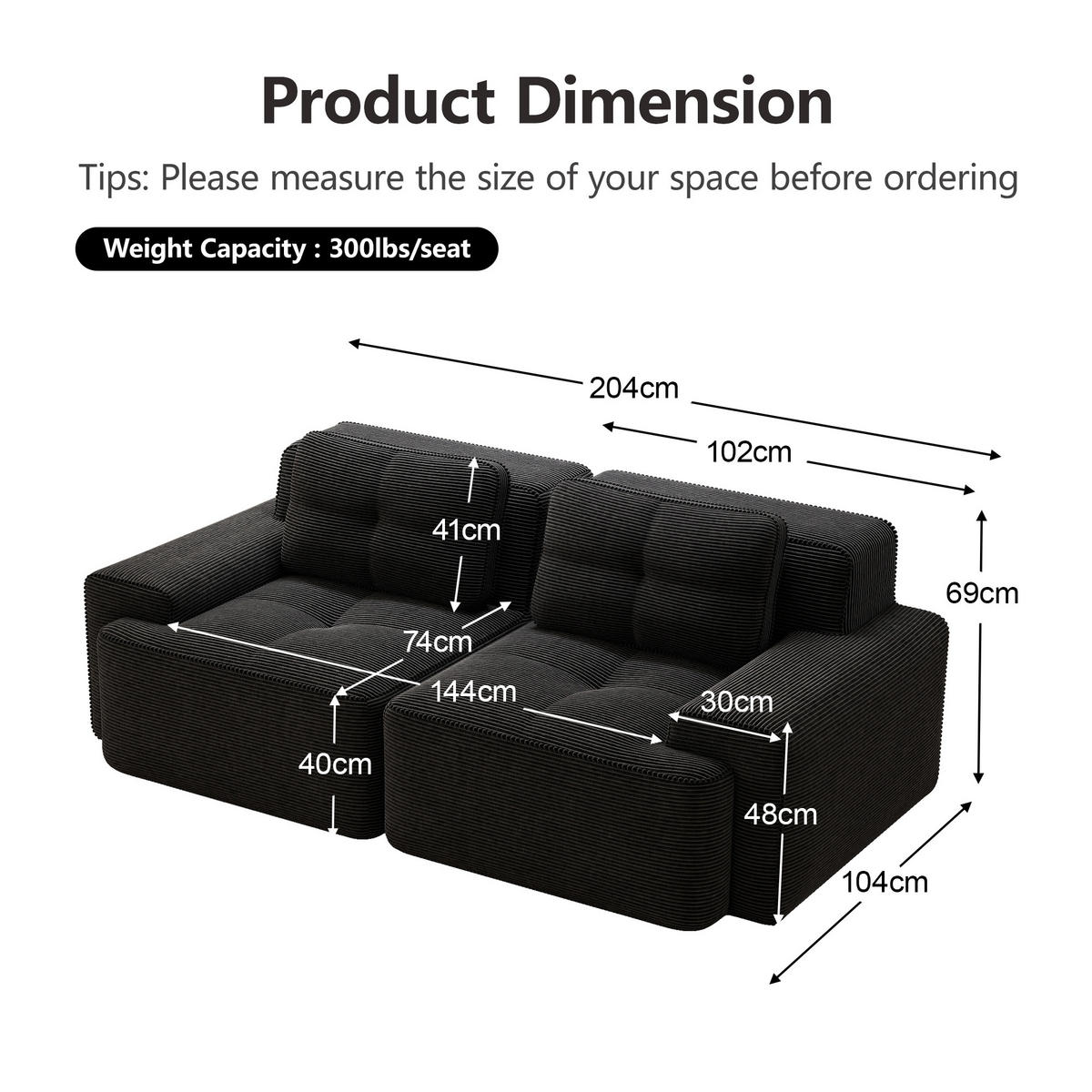 SOFA aus Cordstoff mit Tiefsitz Modulares für Wohnzimmer, schwarz - Schwarz, Textil (104/69/204cm) - Luhomfu