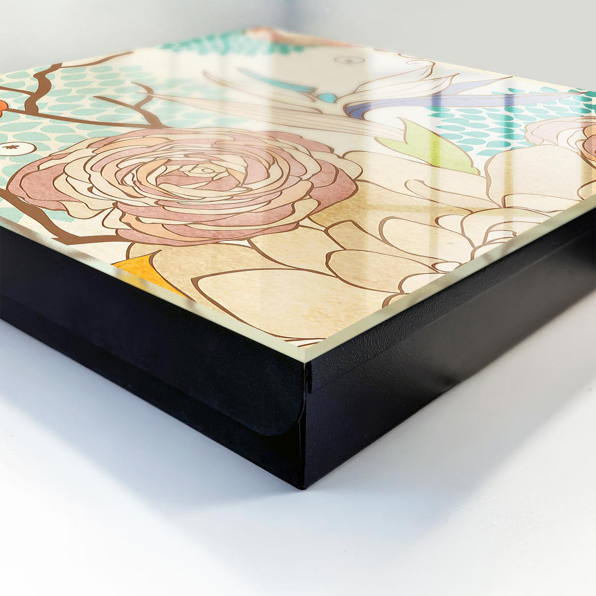 SCHLÜSSELBOX Schwarz 30x30 cm- Türöffnung nach rechts - Abstrakte Blumen - Creme, Metall (30/30/5cm) - TULUP
