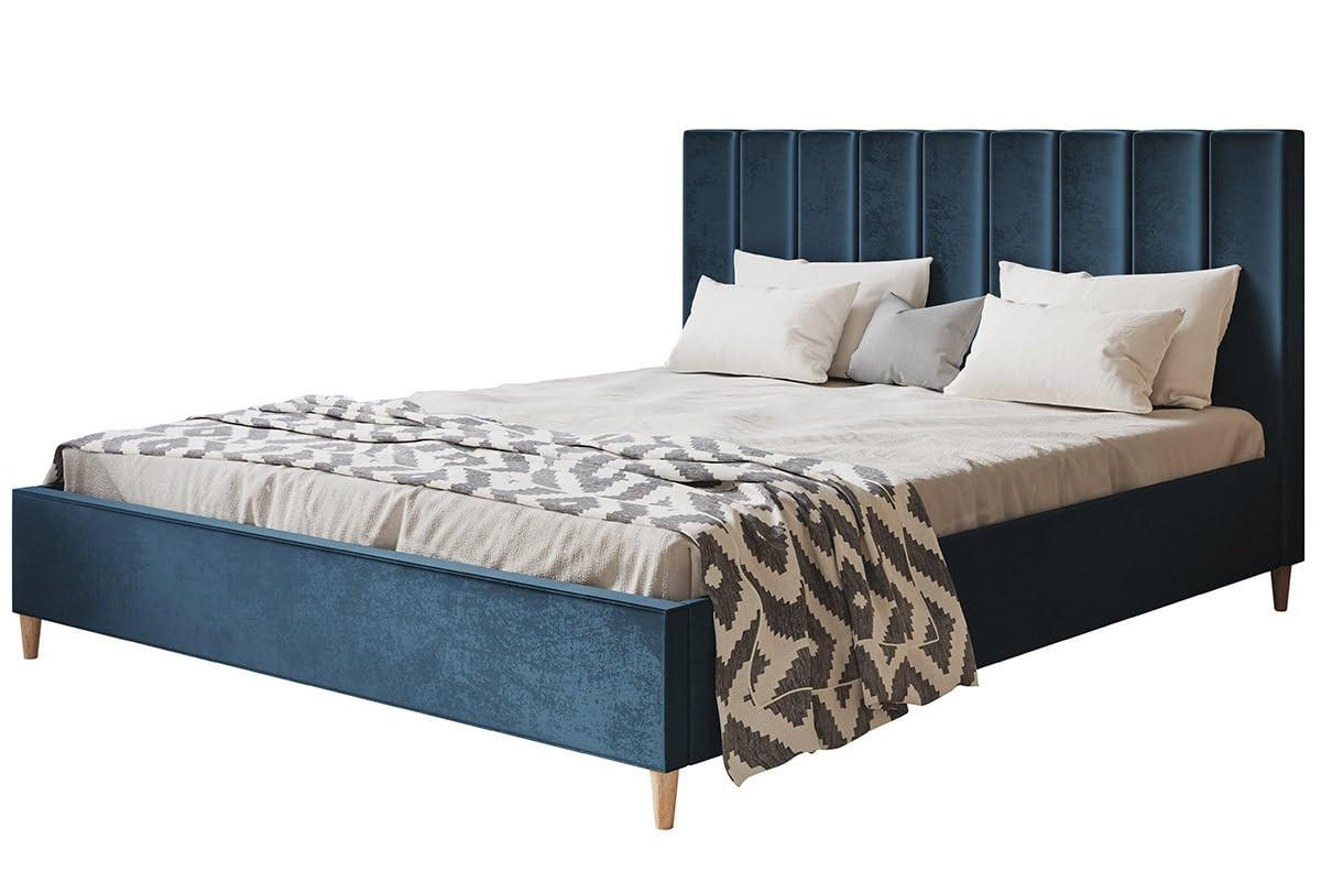 POLSTERBETT LUX Tokio mit Kopfteil, 140 x 200 cm, Doppelbett mit Lattenrost aus Holz, Velourstoff Dunkelblau, Füße in Farbe: Braun - Dunkelblau, Holz/Textil (140/200cm) - Alpi-Möbel