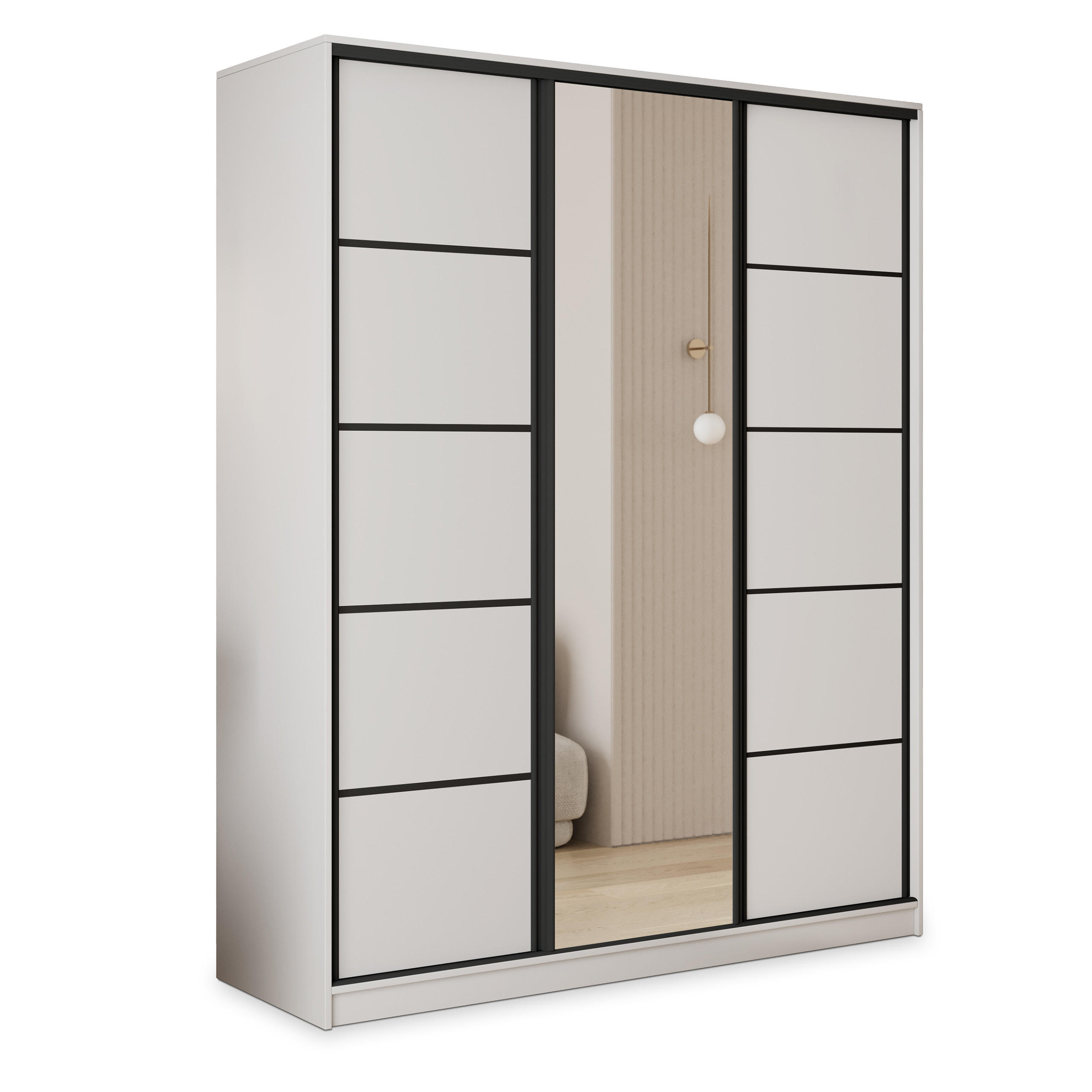 SCHWEBETÜRENSCHRANK PINA 160/205/58 cm 3-türig mit Spiegel und 4 Schubladen Weiß - Weiß, Holzwerkstoff (160/205/58cm) - MASSENO