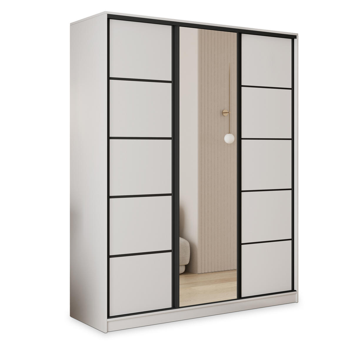 SCHWEBETÜRENSCHRANK PINA 160/205/58 cm 3-türig mit Spiegel und 4 Schubladen Weiß - Weiß, Holzwerkstoff (160/205/58cm) - MASSENO