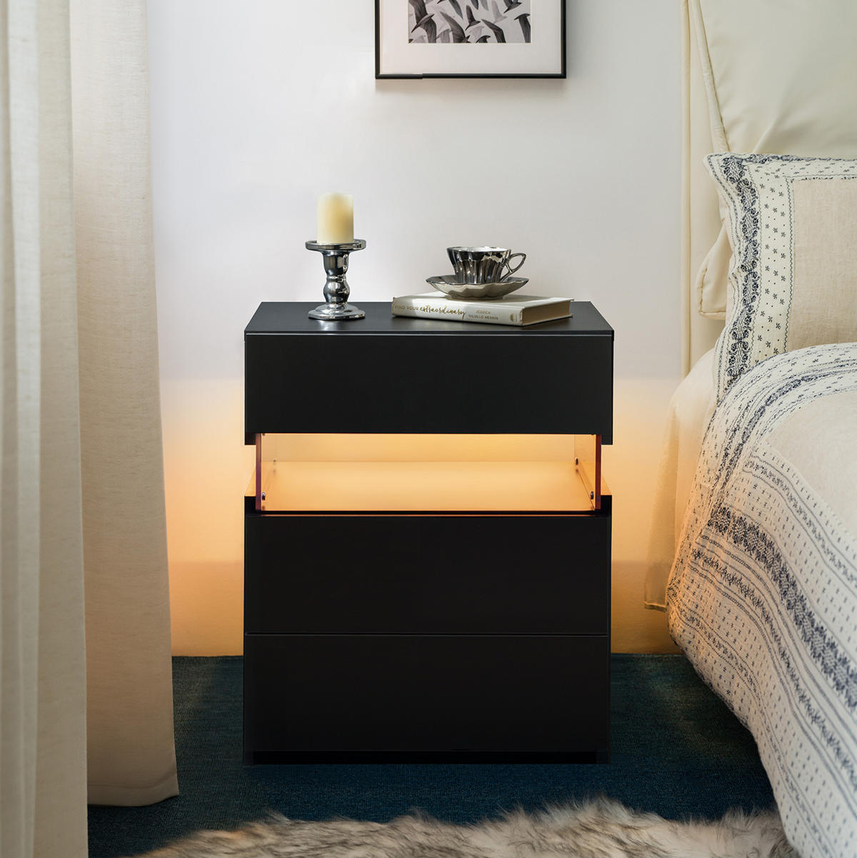NACHTTISCH 48/38/61 cm mit 3 Schubladen & LED-Beleuchtung in Schwarz - Schwarz, Holzwerkstoff (38/61/48cm) - BEAOK