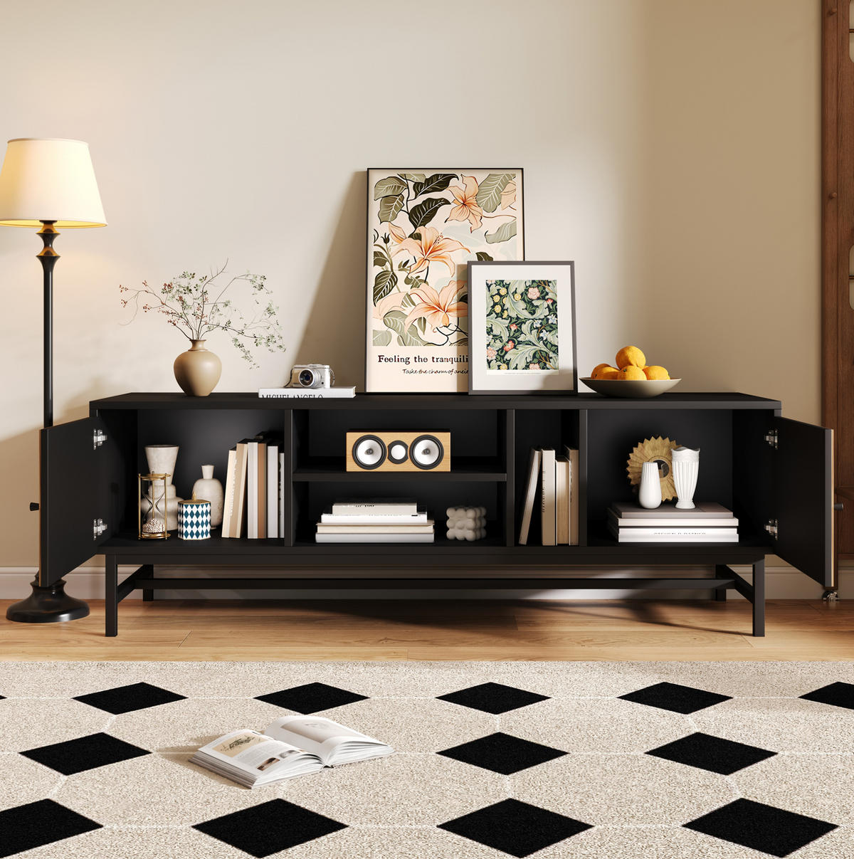 TV-SCHRANK 150/38/55 cm schwarz/natur aus Eisen und Spanplatte mit Stauraum - Hellbraun, Holzwerkstoff (150/55/38cm) - OKWISH