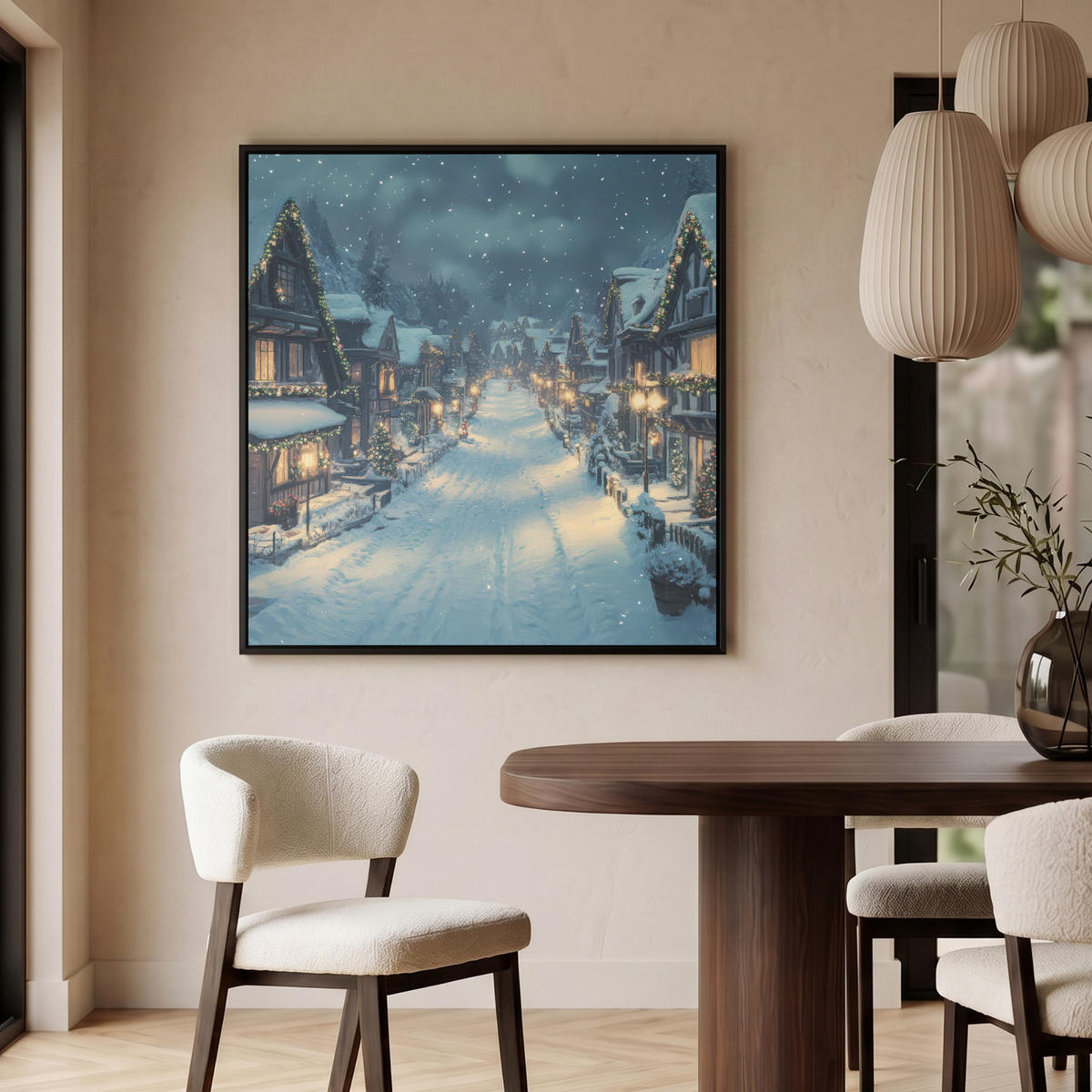 LEINWAND Bilder mit Rahmen - Weihnachtsdorf - Weihnachten - Schnee - Winter - 90x90 - Dunkelblau, Textil (90/90cm) - MuchoWow